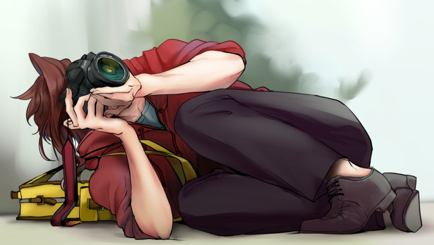 1boy, bat, blurry, brown_hair, camera, covering_face, depth_of_field, full_body, hoodie, jojo_no_kimyou_na_bouken, kakyouin_noriaki, lying, mae_(gamefreak), male_focus, on_side, shadow, solo, taking_picture