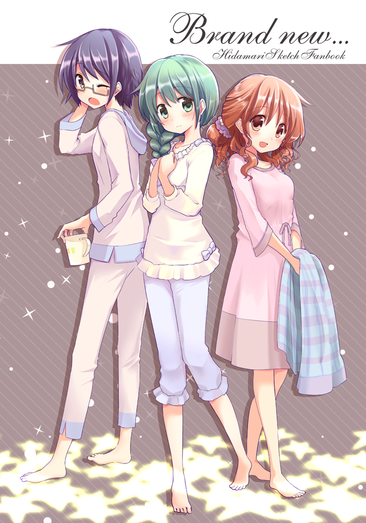 3girls, :d, ;o, barefoot, blanket, blue_eyes, blue_hair, blush, braid, cover, cover_page, cup, doujin_cover, glasses, green_eyes, green_hair, hair_down, hair_ornament, hair_over_shoulder, hair_scrunchie, hands_on_own_chest, hidamari_sketch, hiro, long_hair, mug, multiple_girls, natsume_(hidamari_sketch), number, one_eye_closed, open_mouth, pajamas, pink_eyes, pink_hair, quro_(black_river), sae, scrunchie, short_hair, single_braid, smile, star, tears, yawning