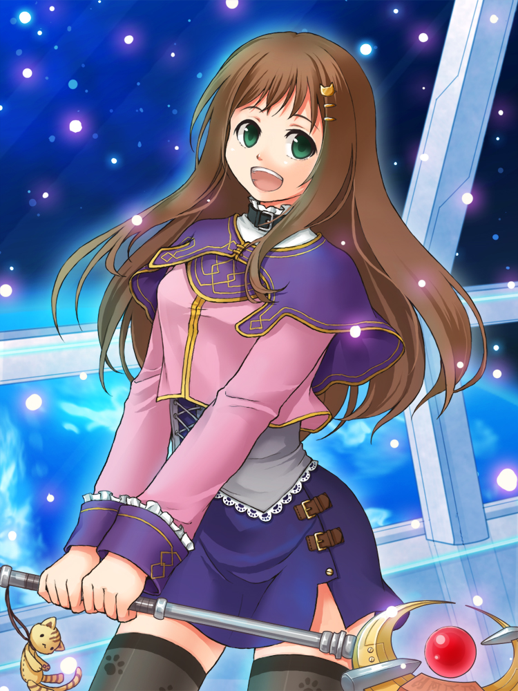 1girl, belt, breasts, brown_hair, cat, choker, hair_ornament, hairclip