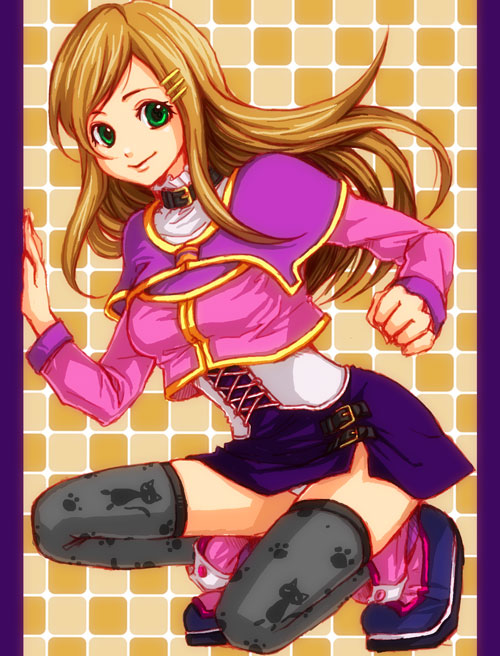 1girl, belt, breasts, brown_hair, choker, hair_ornament, hairclip, long_hair