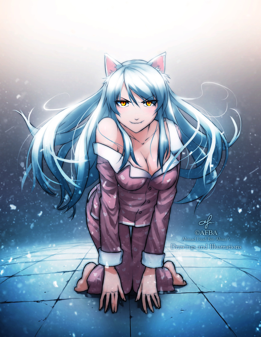 1girl, absurdres, afba, all_fours, animal_ears, artist_name, bakemonogatari, bare_shoulders