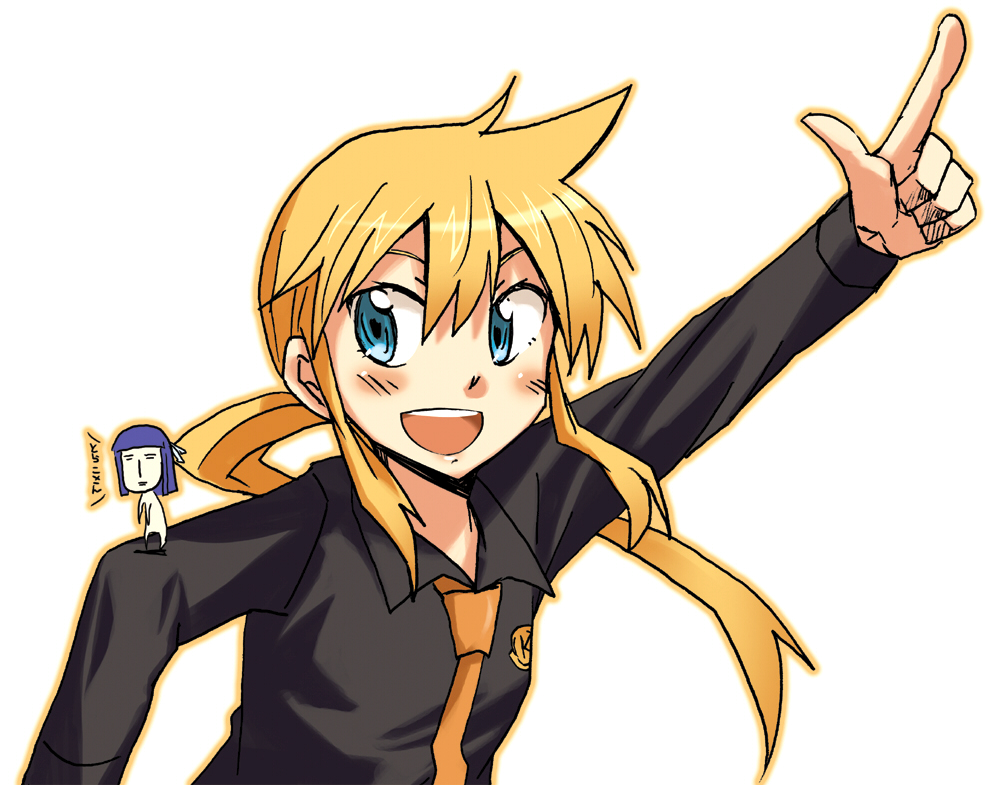 disco_pose, hands, hyakko, iizuka_tatsuki, kageyama_torako, necktie, pikachi, pointing