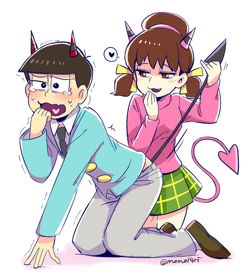 1boy, 1girl, all_fours, blush, bowl_cut, brown_hair, demon_horns, demon_tail, fang, formal, hair_ribbon, hairband, half-closed_eyes, hand_to_own_mouth, heart, heart_in_mouth, horns, kneeling, matsuno_osomatsu, mone_(14ri0000), osomatsu-kun, osomatsu-san, red_eyes, ribbon, short_hair, short_twintails, simple_background, smirk, spoken_heart, suit, tail, tail_pull, tearing_up, trembling, turtleneck, twintails, twitter_username, white_background, yowai_totoko
