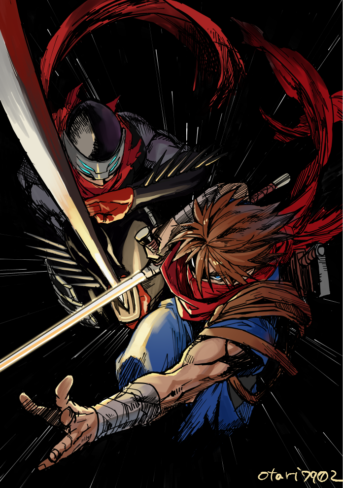 2boys, brown_hair, capcom, hotsuma, indesign, katana, mask, multiple_boys