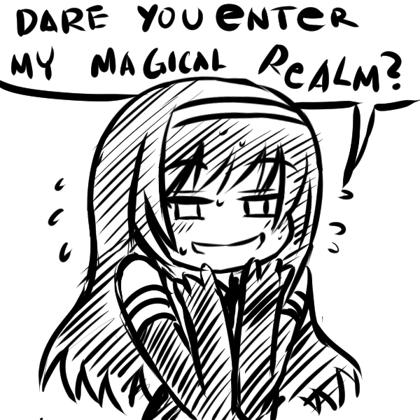 1girl, akemi_homura, akuma_homura, blush, doodle, dress, elbow_gloves, english, flying_sweatdrops, gloves, grin, hairband, hand_on_own_chin, hands_up, invader, long_hair, looking_at_viewer, mahou_shoujo_madoka_magica, meme, monochrome, parody, simple_background, smile, solo, speech_bubble, strapless_dress, too_literal, white_background