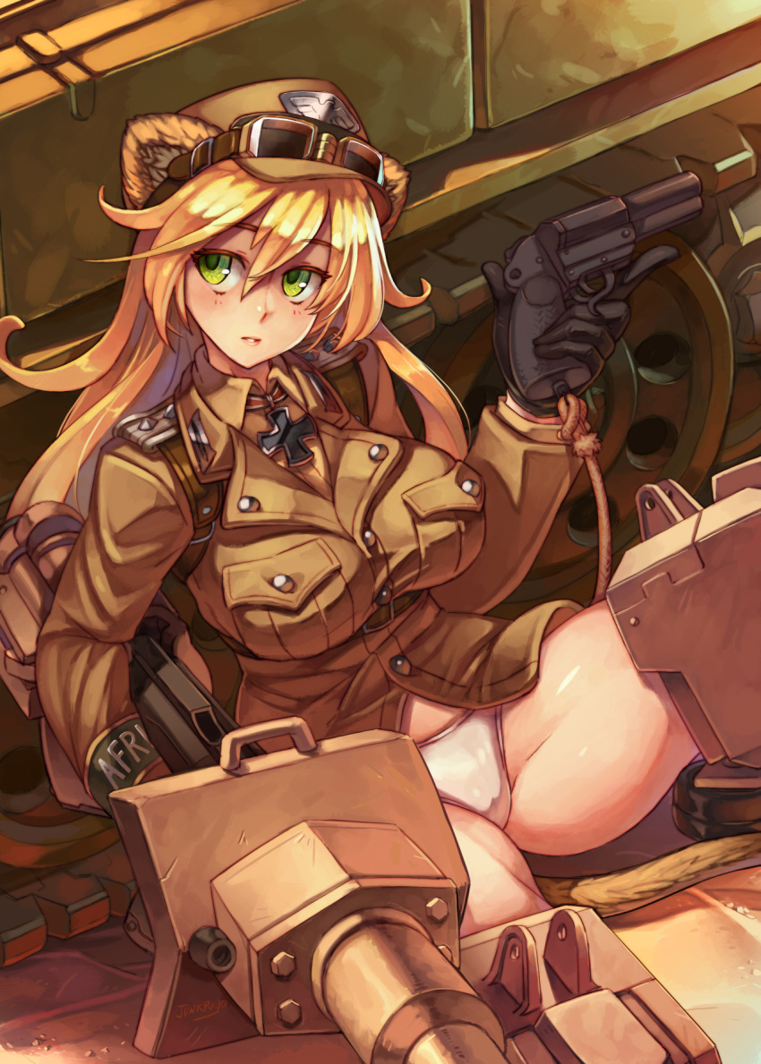 1girl, animal_ears, black_gloves, blonde_hair, blush, breasts, cannon, character_request, gloves, goggles, goggles_on_hat, green_eyes, gun, handgun, hannelore_kummel, hat, highres, iron_cross, junkpuyo, large_breasts, lips, long_hair, military, military_uniform, military_vehicle, panties, solo, strike_witches, strike_witches_(lionheart_witch), tank, trigger_discipline, underwear, uniform, vehicle, weapon, white_panties