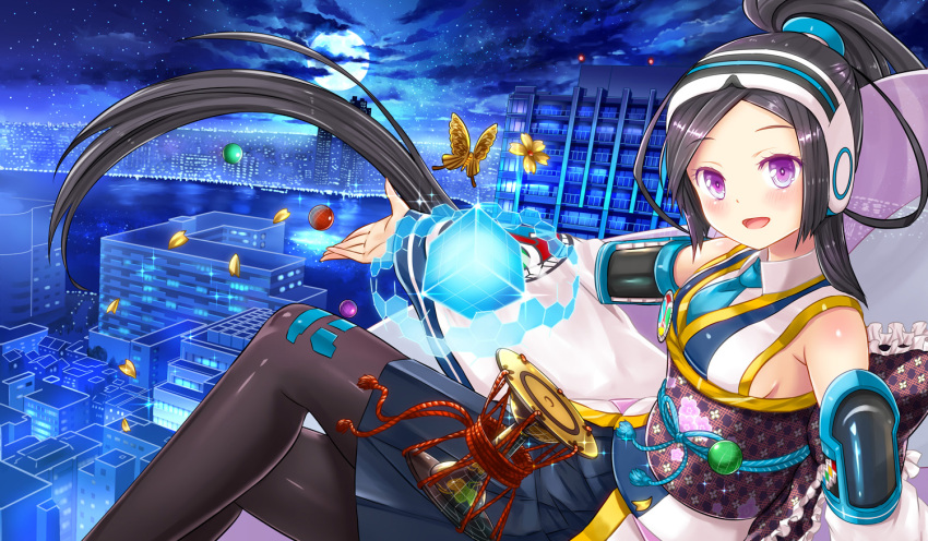 1girl, :d, ball, bangs, black_hair, black_legwear, blue_skirt, breasts