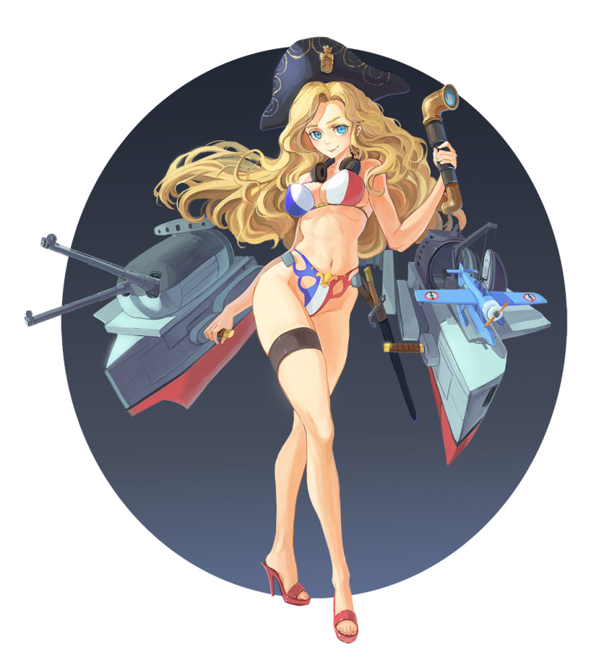 1girl, airplane, artist_check, bayonet, bikini, blonde_hair, cannon, contrapposto