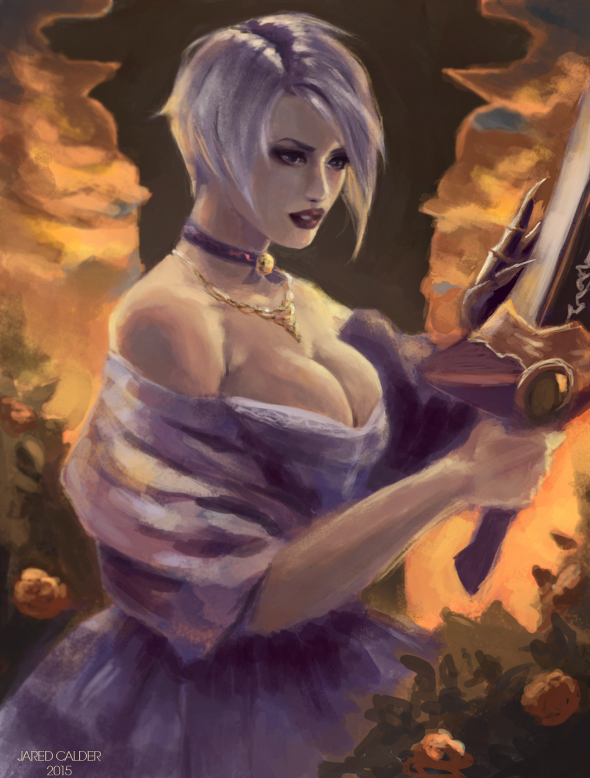 1girl, airbrush_(medium), alternate_costume, bandai_namco, bare_shoulders, breasts, choker, cleavage, dress, gauntlets, highres, holding_weapon, isabella_valentine, jared_calder, jewelry, necklace, short_hair, silver_hair, solo, soul_edge, soulcalibur, sword, weapon