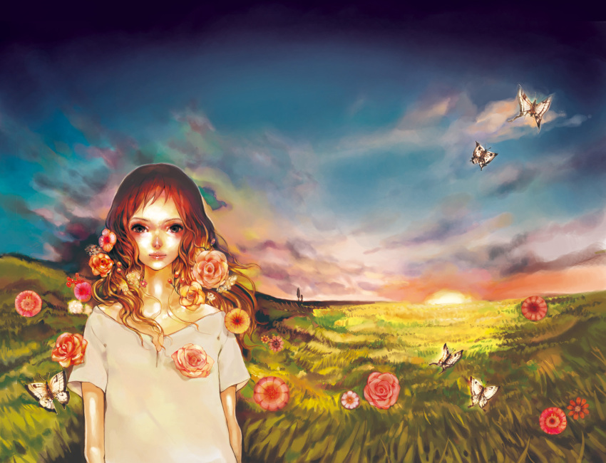 cloud, clouds, faux_traditional_media, flower, highres, long_hair, nature, nogaru_wako