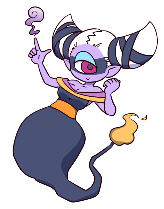 1girl, :>, breasts, cyclops, fuumin_(youkai_watch), monster_girl, nollety, one-eyed, pointy_ears, purple_skin, simple_background, smile, solo, white_background, white_hair, youkai, youkai_watch