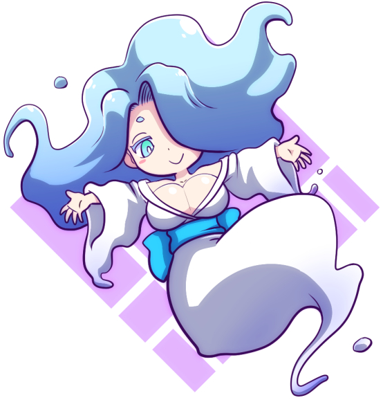 1girl, aqua_eyes, aqua_hair, breasts, cleavage, enraenra_(youkai_watch), female, hair_over_one_eye, japanese_clothes, kimono, large_breasts, long_hair, monster_girl, nollety, simple_background, smile, solo, white_background, youkai, youkai_watch