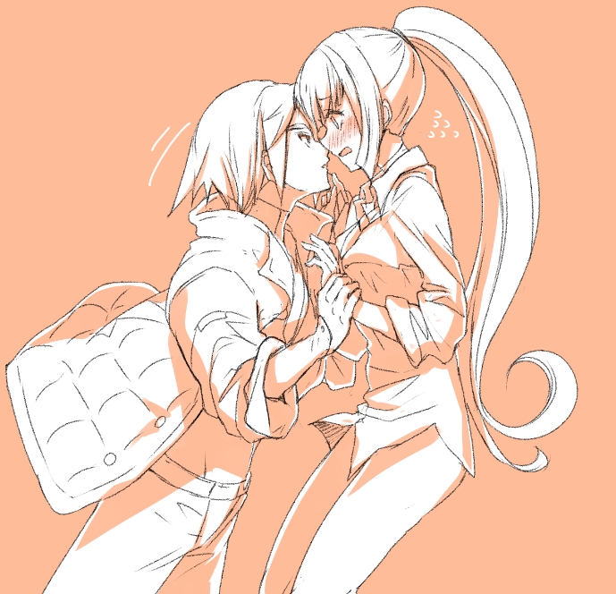 1boy, 1girl, blush, gundam, gundam_tekketsu_no_orphans, holding_hands, incipient_kiss, jacket