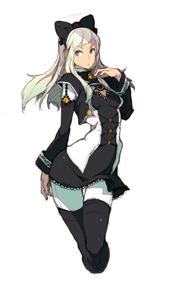 1girl, alternate_costume, black_bow, black_dress, blonde_hair, boots, bow, breasts