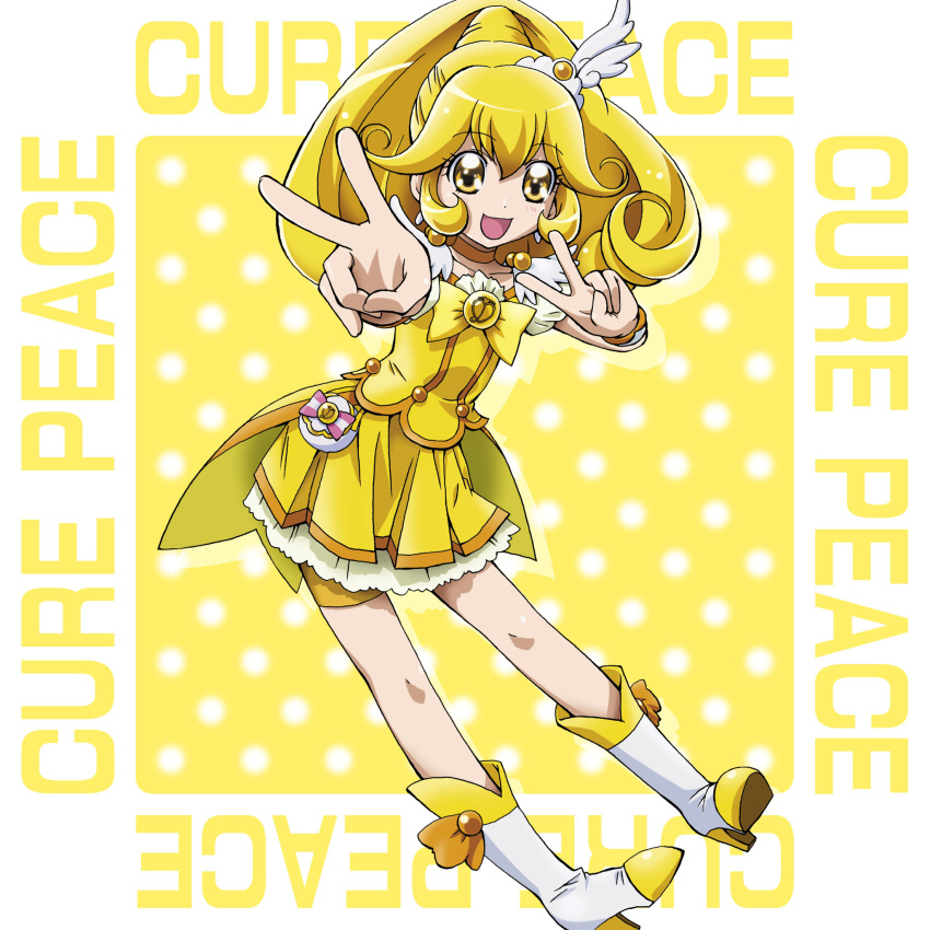 1girl, :d, bike_shorts, blonde_hair, boo_(takagi), boots, bow, brooch