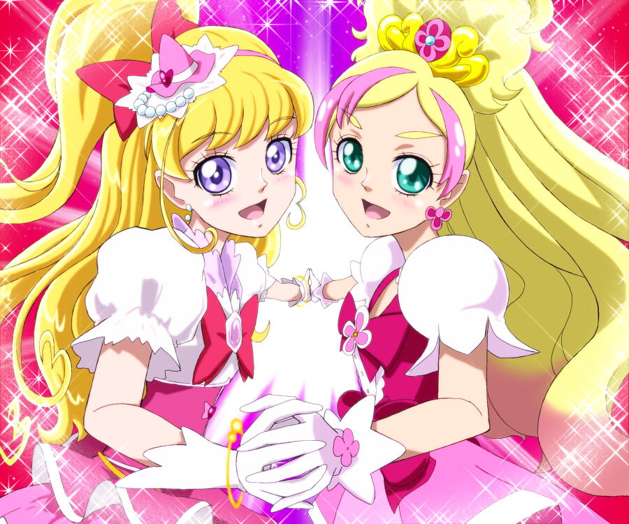 2girls, :d, asahina_mirai, blonde_hair, bow, brooch, color_connection, cure_flora
