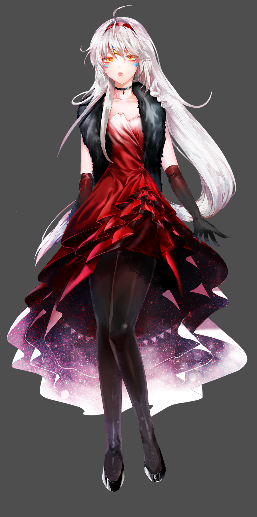 1girl, ahoge, black_gloves, black_legwear, black_shoes, choker, dan_(astsr1), elbow_gloves, elsword, eve_(elsword), expressionless, feather_boa, full_body, gloves, grey_background, hairband, highres, long_hair, looking_at_viewer, pantyhose, red_skirt, shoes, skirt, solo, very_long_hair, white_hair, yellow_eyes