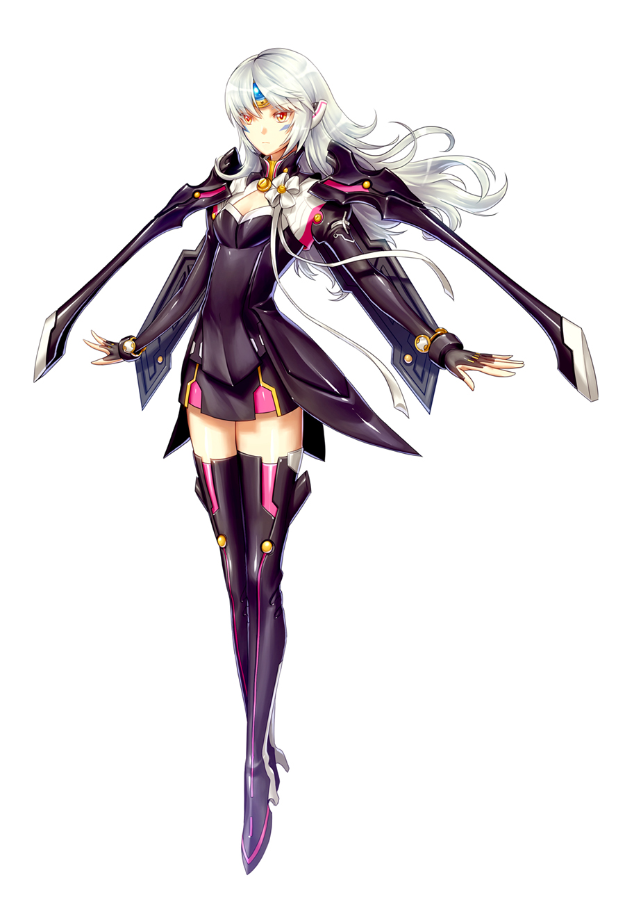 1girl, armor, black_boots, black_skirt, boots, code:_nemesis_(elsword), elsword, eve_(elsword)