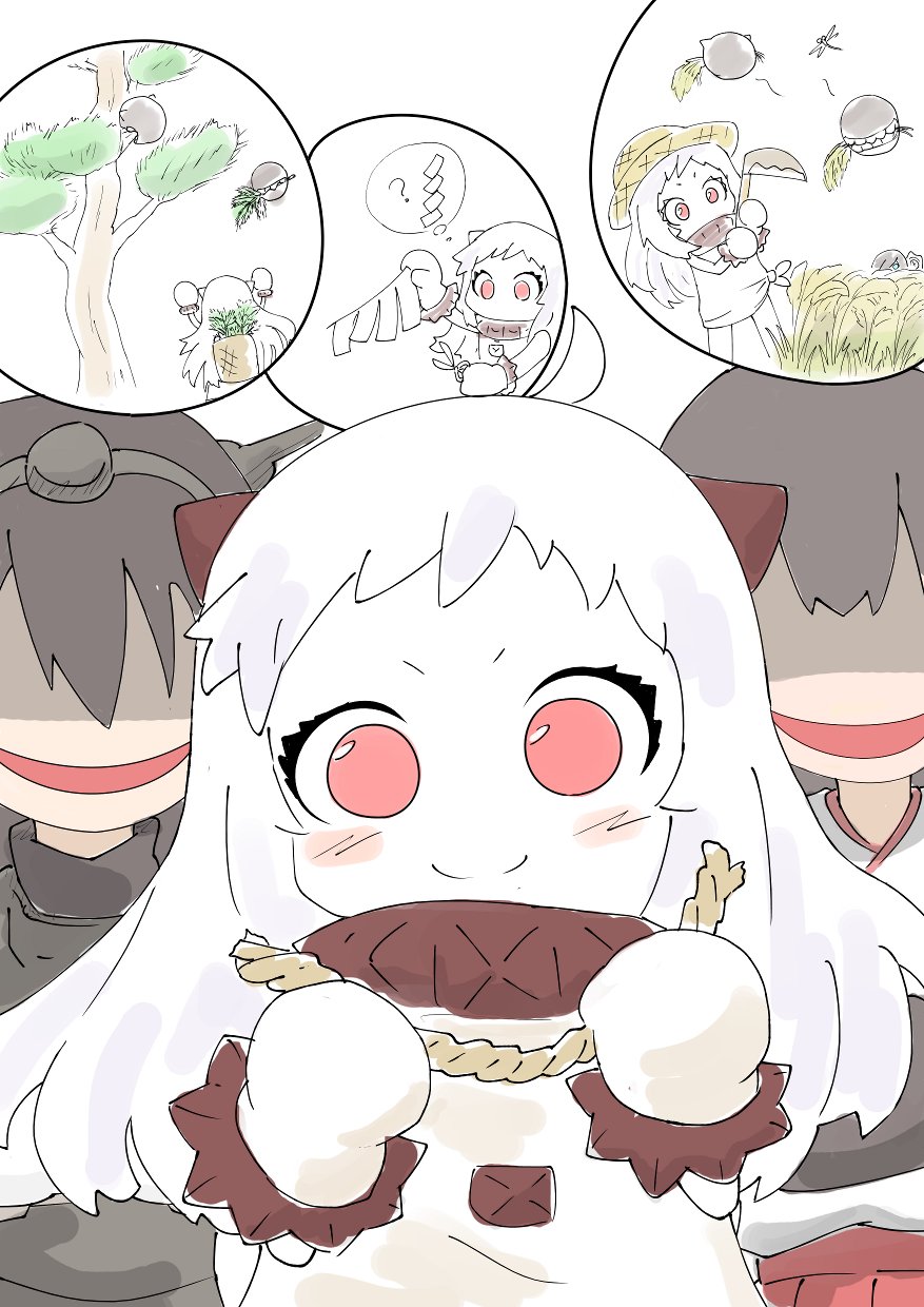 3girls, ?, ahoge, akagi_(kantai_collection), black_hair, commentary, dress, enemy_aircraft_(kantai_collection)