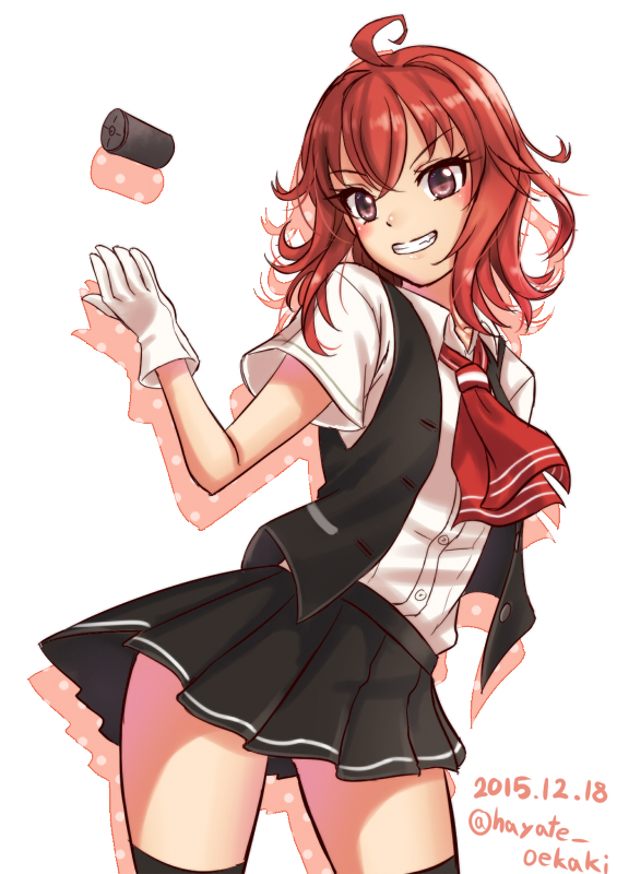 1girl, ahoge, arashi_(kantai_collection), black_legwear, blouse, buttons, dated, depth_charge