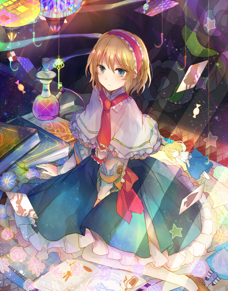 1girl, alice_margatroid, alice_margatroid_(pc-98), blonde_hair, blue_dress, blue_eyes, book, capelet, dress, fishing_lure, hairband, hookah, kazu_(muchuukai), key, lolita_hairband, sash, shanghai_doll, sitting, solo, star, touhou, wariza
