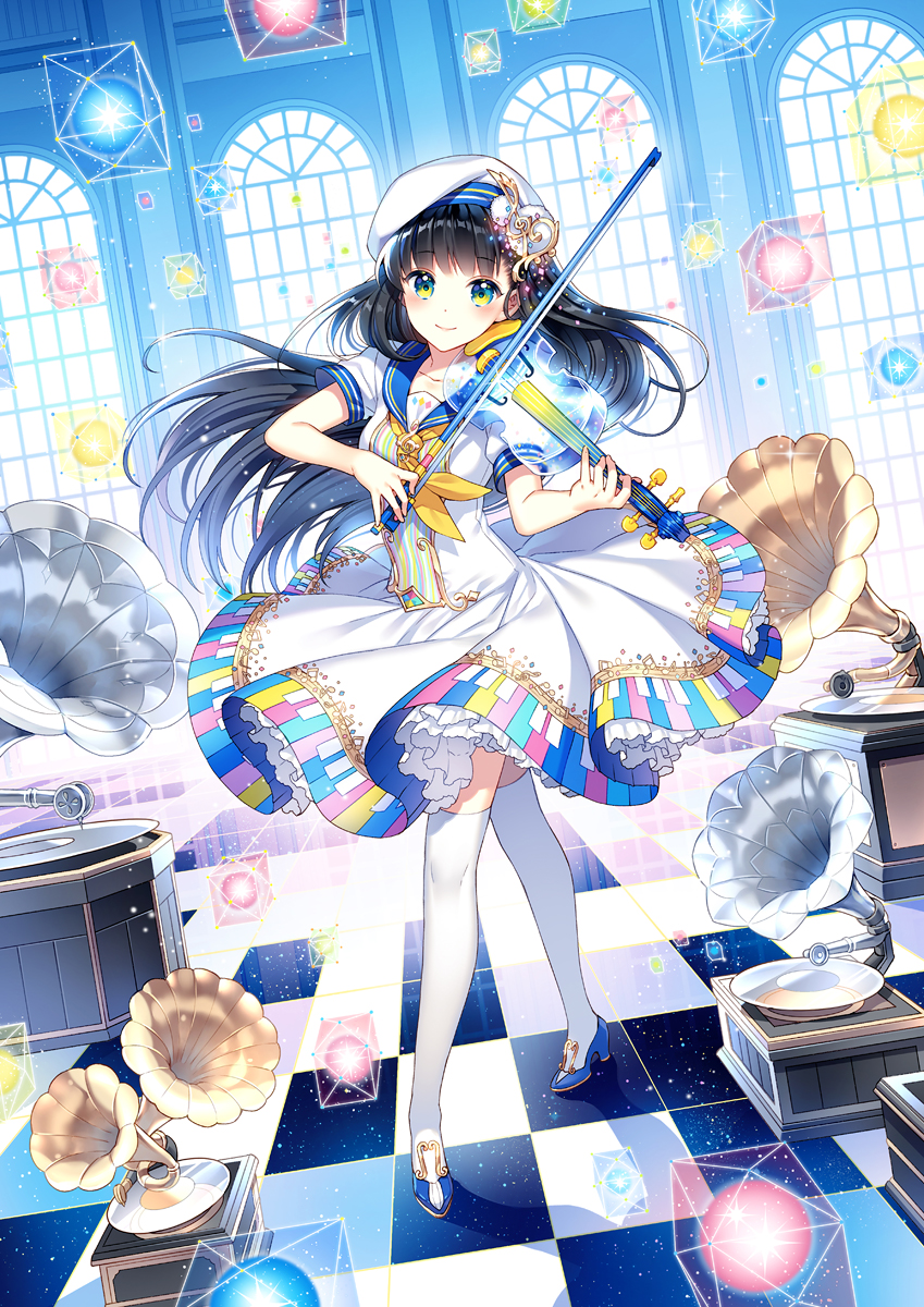 1girl, aqua_eyes, beret, black_hair, blue_shoes, bow_(instrument), hat, highres