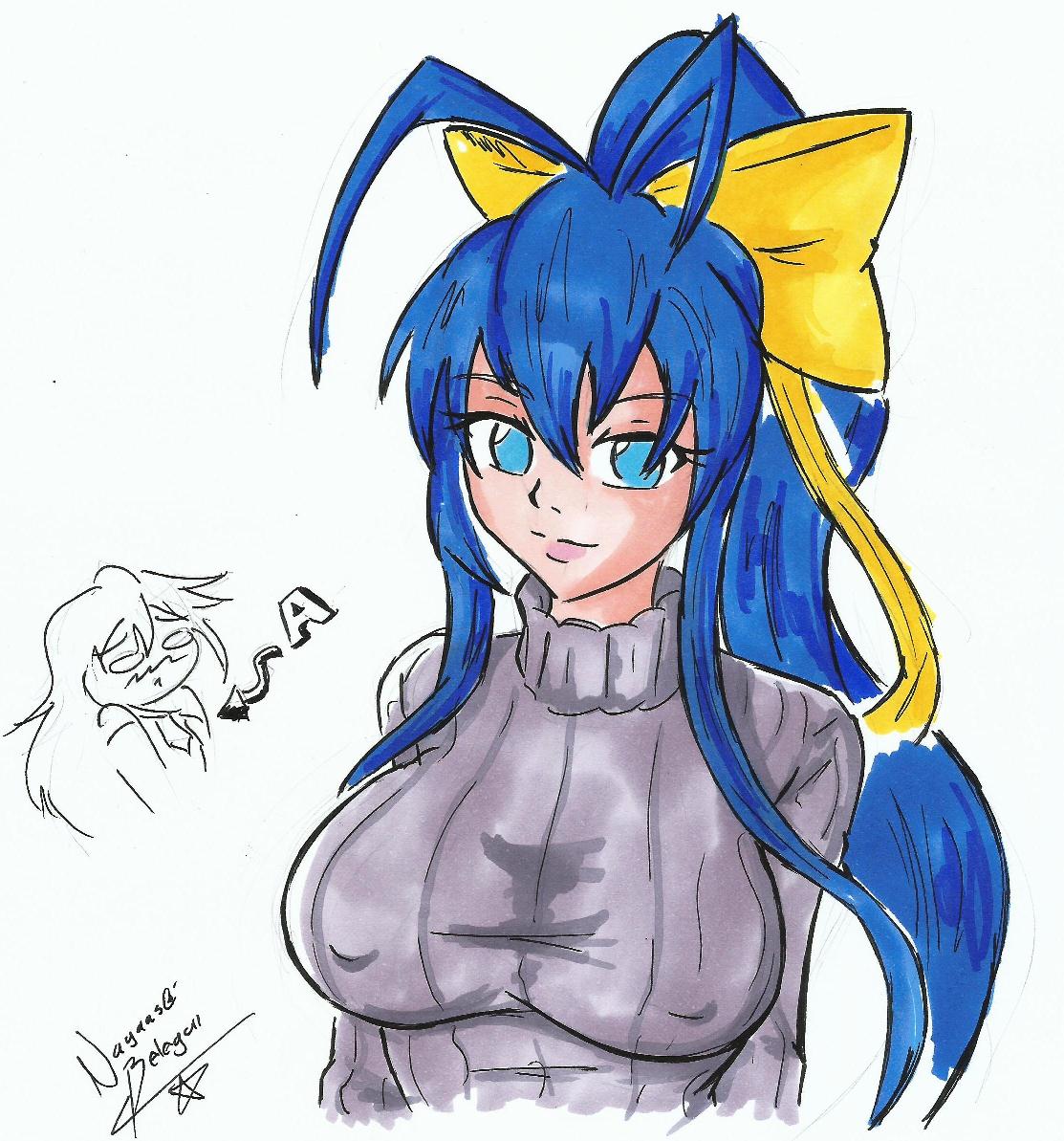 2girls, antenna_hair, blazblue, blazblue_remix_heart, blue_eyes, blue_hair, bow, breast_envy