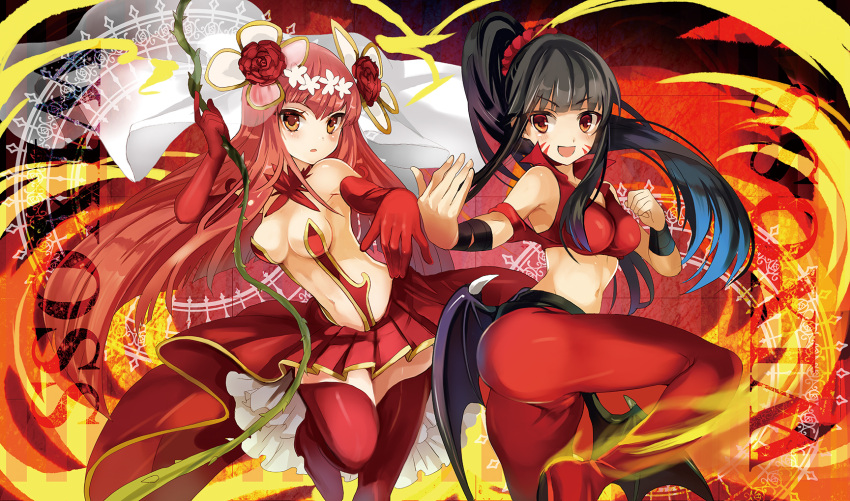 2girls, :d, :o, armpits, bangs, bare_shoulders, bat_wings, black_hair