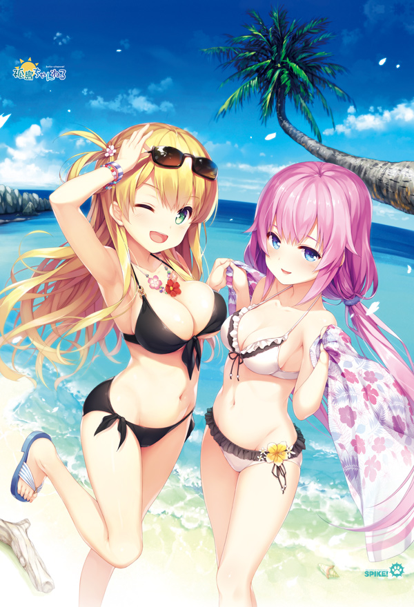 2girls, armpits, beach, bikini, black_bikini, blonde_hair, blue_eyes, blush