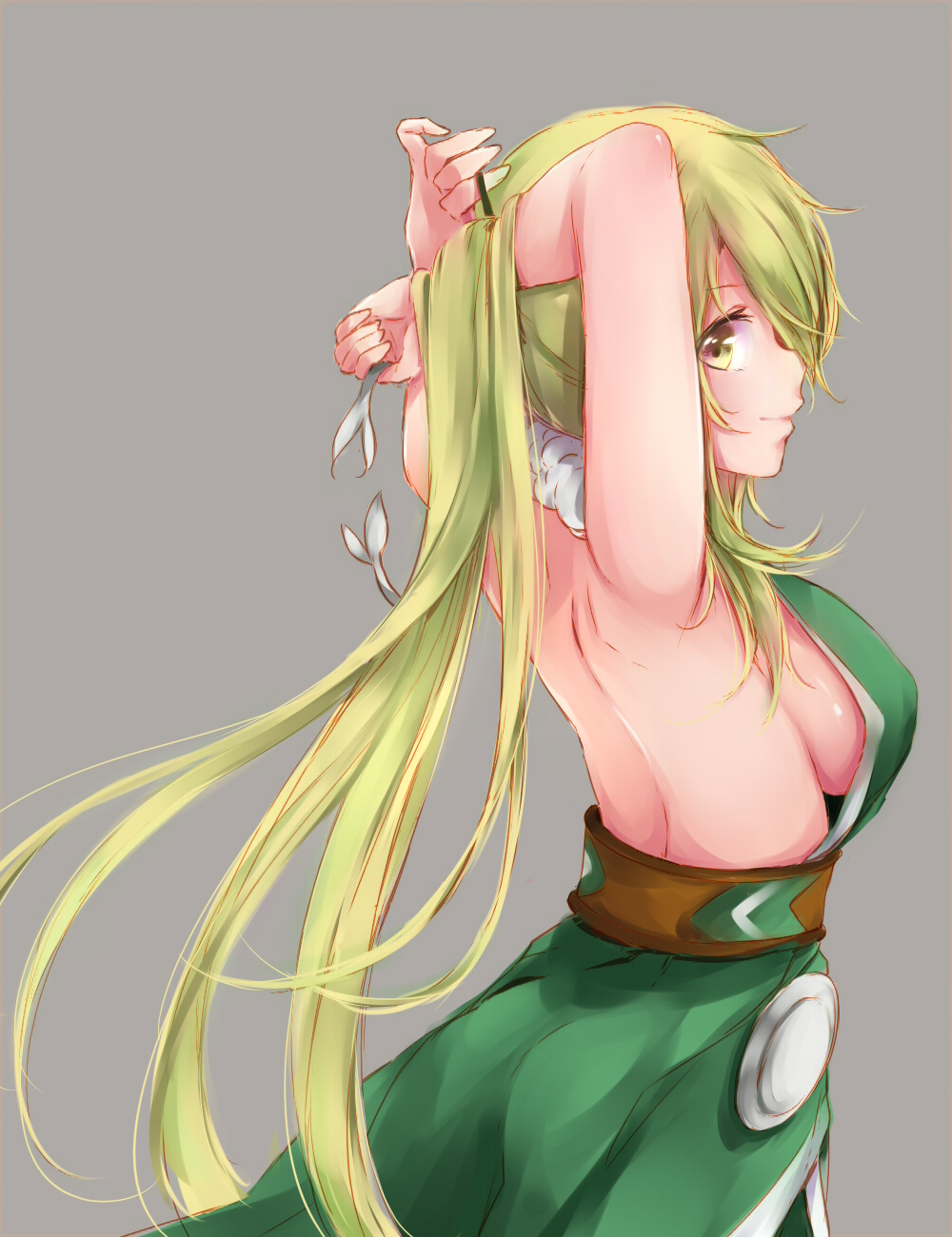 1girl, adjusting_hair, armpits, arms_up, bare_shoulders, blonde_hair, breasts, character_request