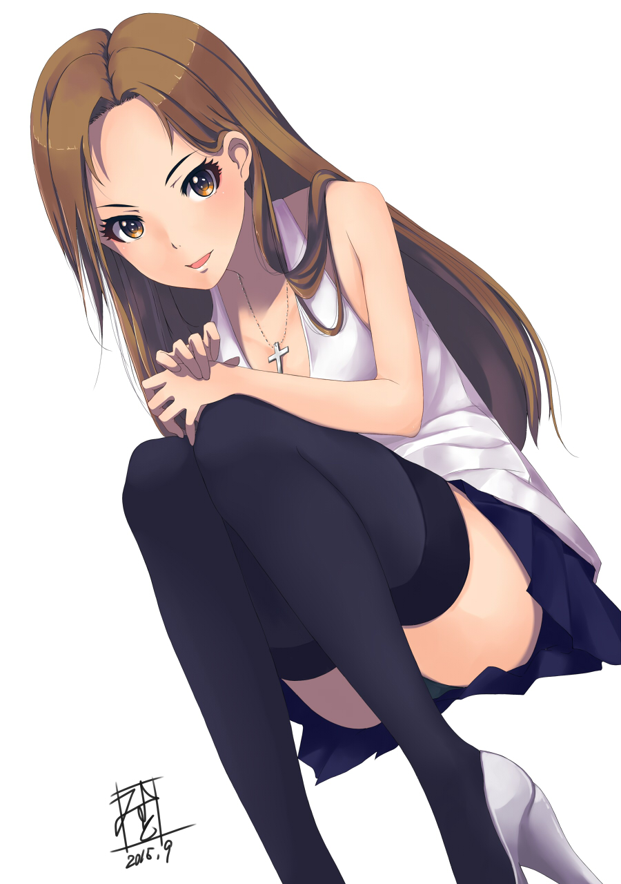 1girl, 2015, black_legwear, black_panties, brown_eyes, brown_hair, cross, cross_necklace