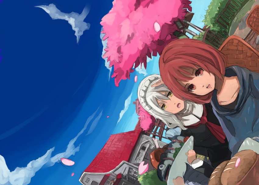 2girls, asano4124, bread, copyright_request, food, long_hair, mais, multiple_girls, red_eyes, red_hair, redhead, short_hair, sketch, tree, white_hair, yellow_eyes