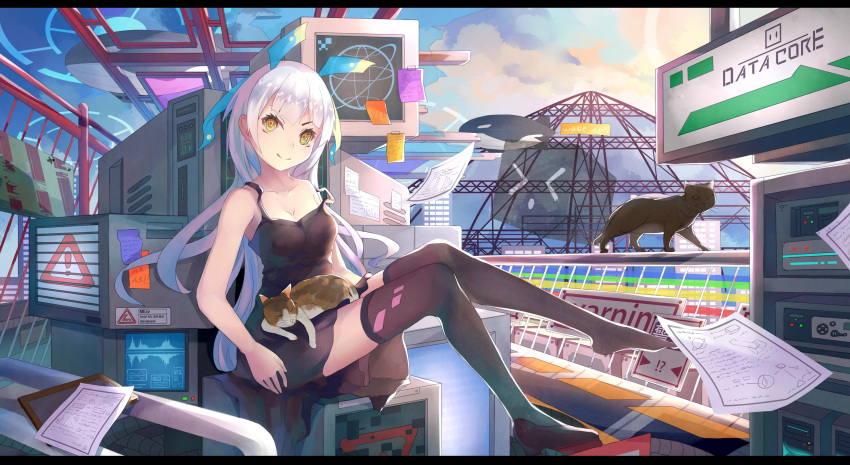 !, .l.l, 1girl, absurdres, black_dress, black_legwear, blimp, clipboard