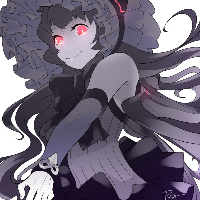 1girl, artist_name, black_hair, commentary_request, frills, glowing, glowing_eyes, highres