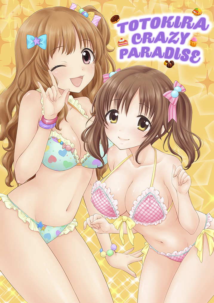2girls, :3, \m/, bikini, breasts, brown_eyes, brown_hair, cleavage