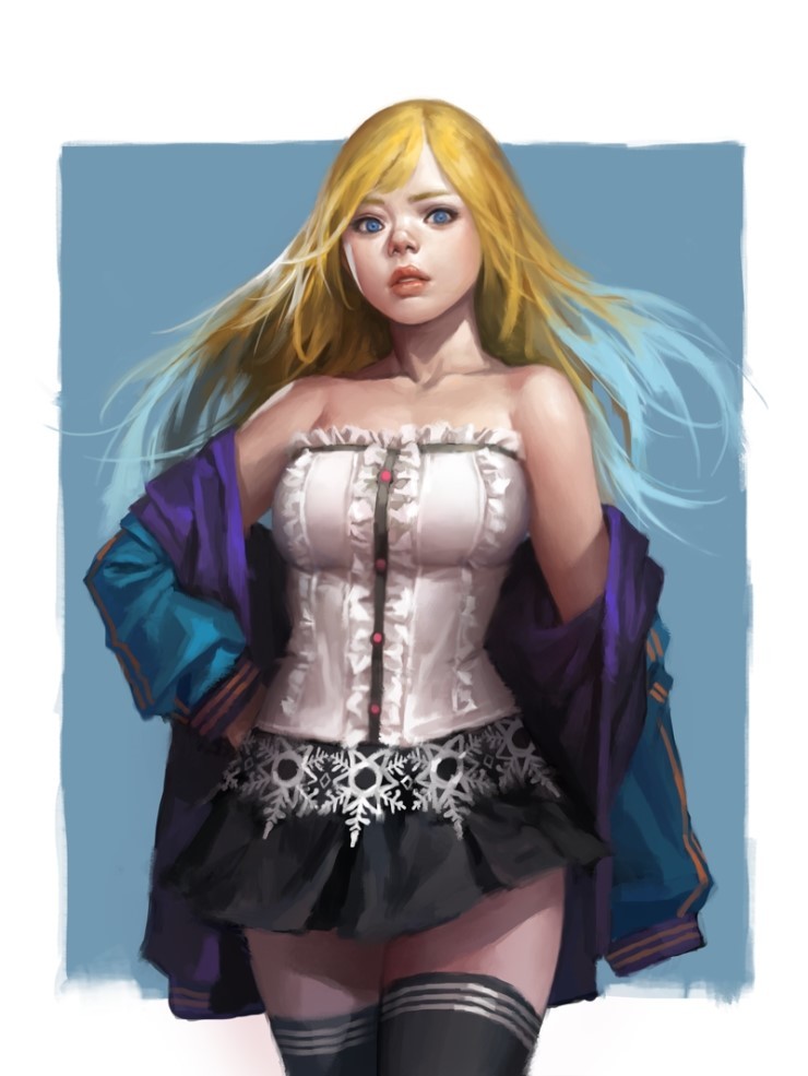 blonde_hair, blue_eyes, carol_(cyphers), cyphers, dongho_kang, hand_on_hip, jacket, lips, miniskirt, realistic, skirt, thigh-highs