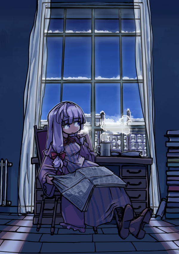 1girl, awa_(bihidasu), book, boots, breath, city, cup, desk