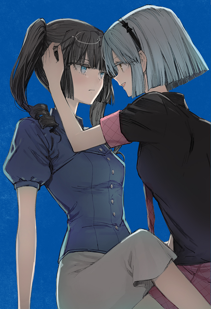 2girls, akuma_no_riddle, black_hair, blue_background, blue_eyes, blue_hair, blush, glasses