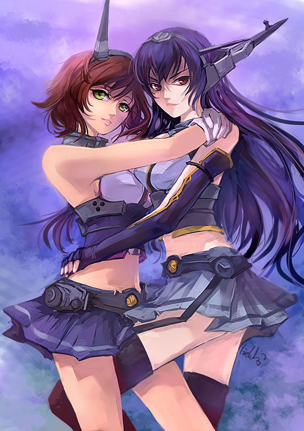 2girls, artist_name, brown_hair, fingerless_gloves, gloves, green_eyes, headgear, hideki