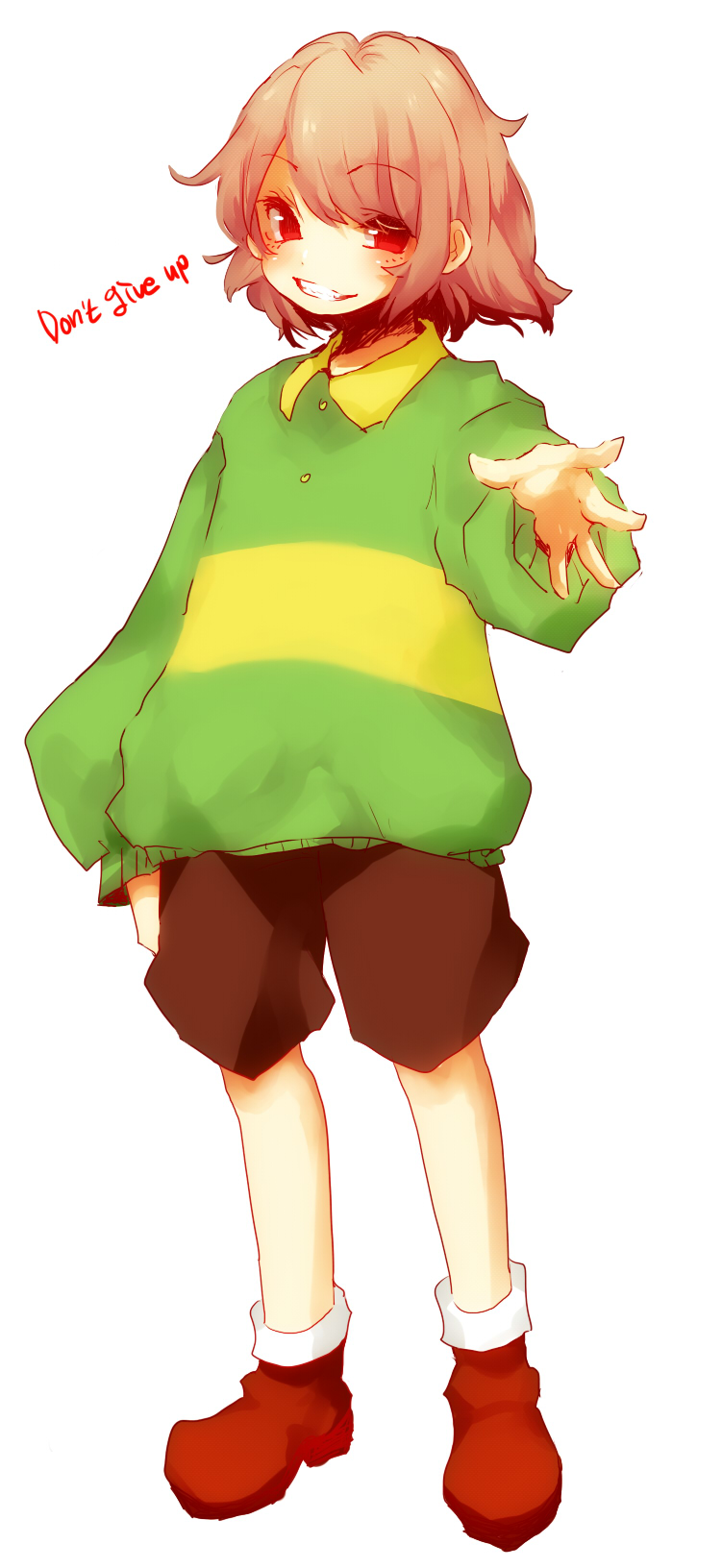 androgynous, brown_hair, chara_(undertale), english, grin, highres, koyashaka59, outstretched_hand