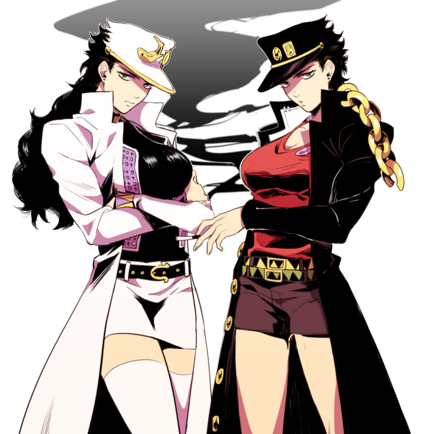 2girls, belt, black_hair, breasts, chain, cleavage, crossed_arms, dual_persona