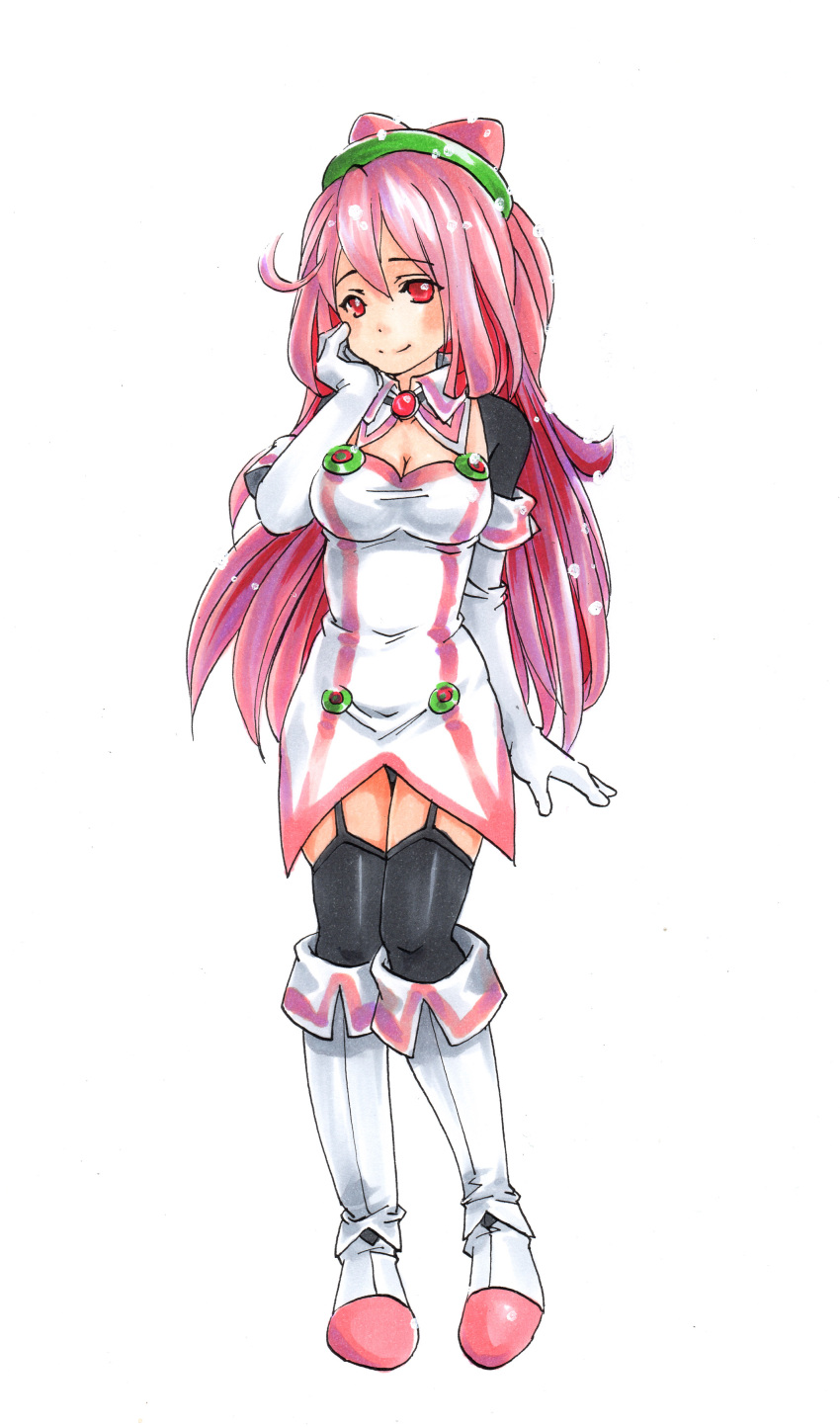 1girl, absurdres, blush, breasts, cleavage, gloves, hacka_doll, hacka_doll_2, hand_on_own_cheek, hayase_(artist), highres, large_breasts, long_hair, looking_at_viewer, pink_eyes, pink_hair, smile, solo, thigh-highs