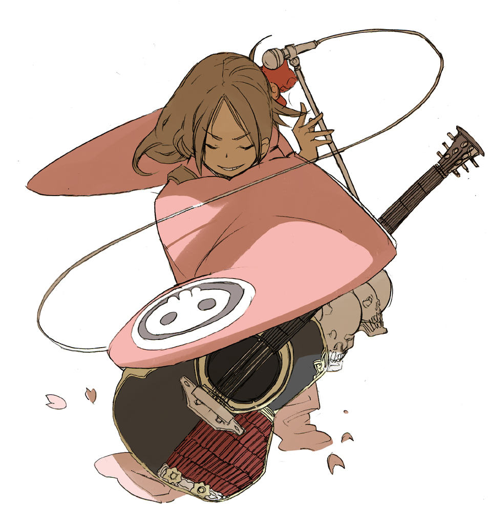 1girl, acoustic_guitar, asano4124, brown_hair, copyright_request, guitar, instrument, japanese_clothes, kimono, microphone, microphone_stand, skull, solo