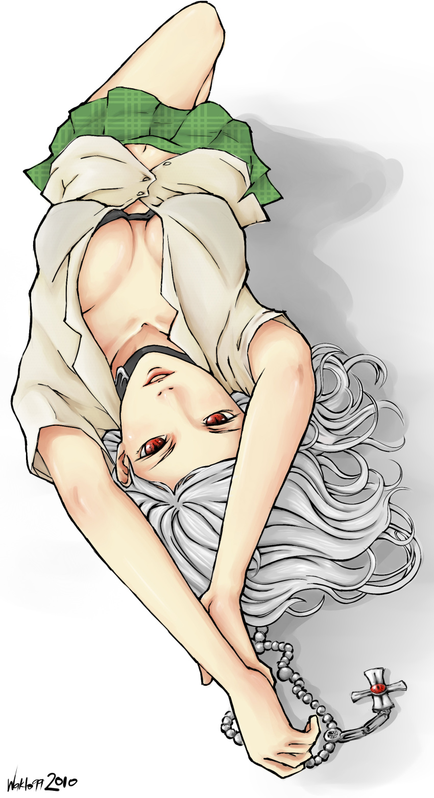 1girl, 2010, absurdres, akashiya_moka, arms_up, artist_name, black_bra, bra