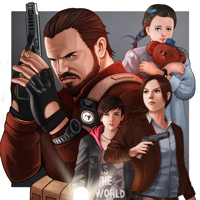 1boy, 3girls, barry_burton, belt, black_hair, blue_eyes, breasts, brown_eyes
