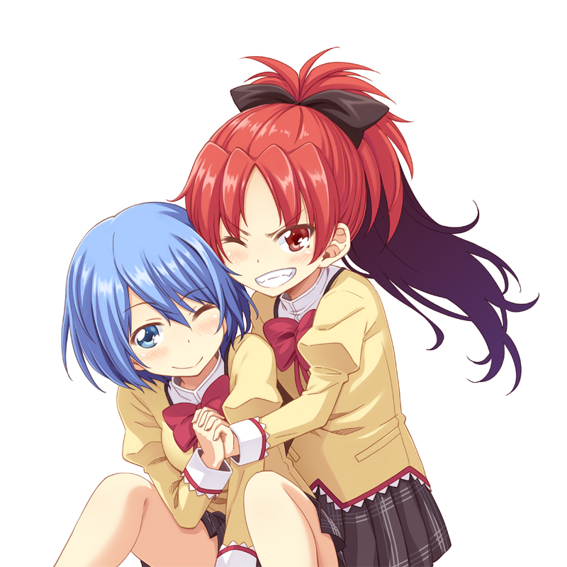 2girls, amarotamaro, blue_eyes, blue_hair, blush, grin, interlocked_fingers, long_hair