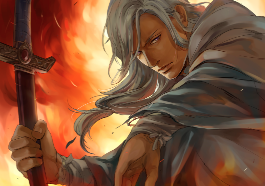 1boy, arslan_senki, esterhazy, long_hair, low_ponytail, narsus, solo, sword