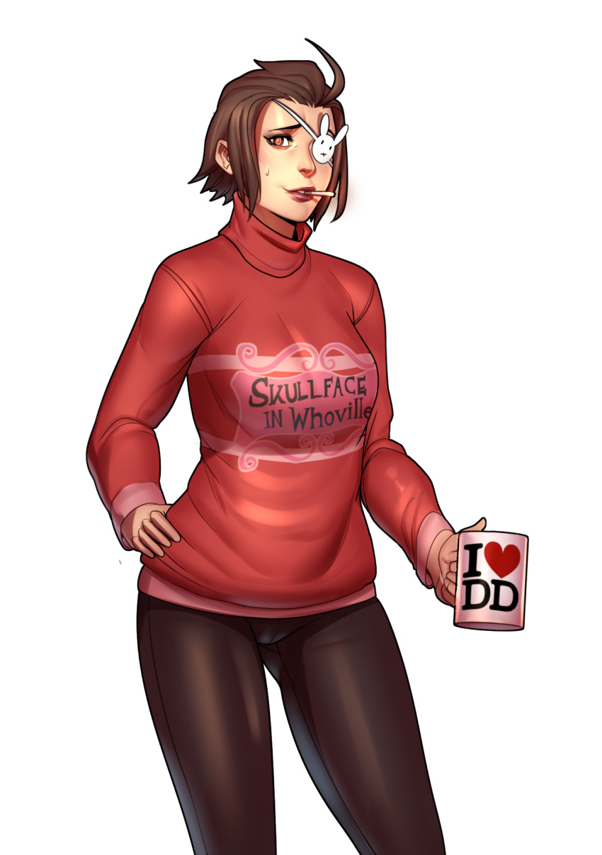 1girl, ahoge, breasts, brown_eyes, brown_hair, cameo, christmas, cigarette