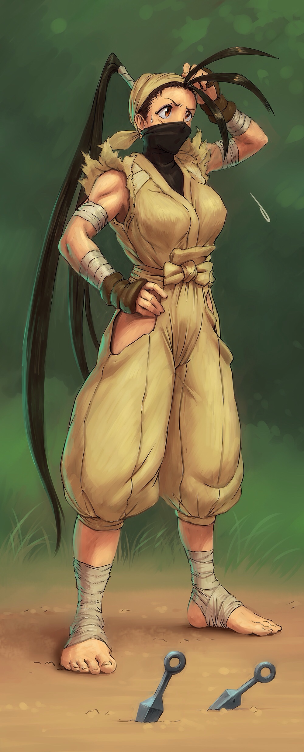 1girl, absurdres, ankle_wraps, antenna_hair, baggy_pants, bandana, barefoot, black_hair