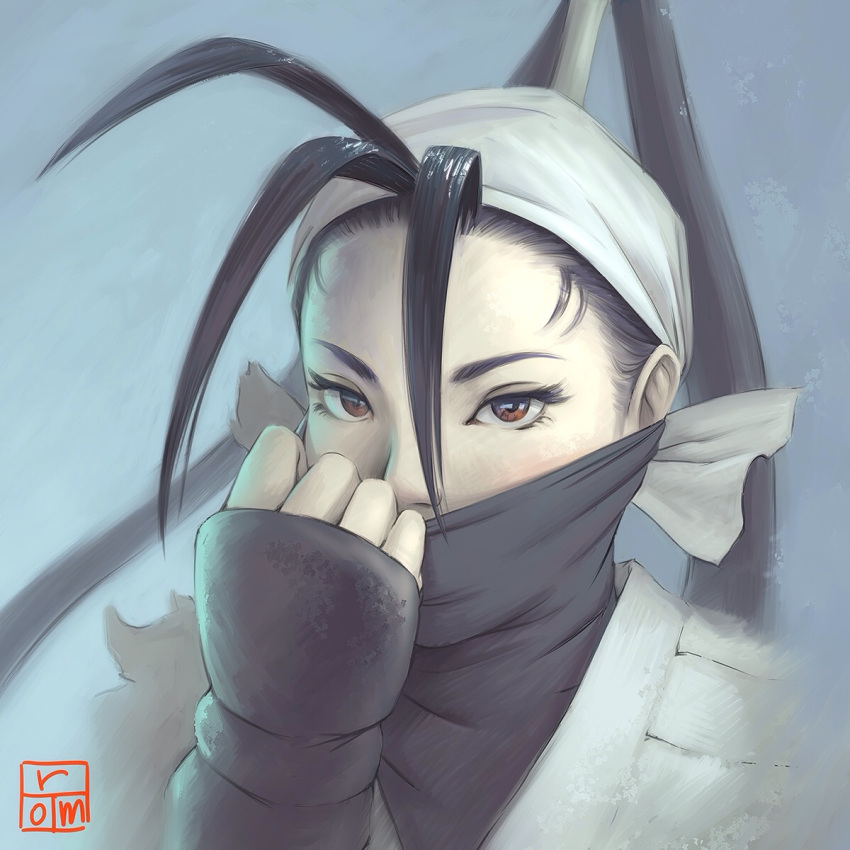 1girl, antenna_hair, bandana, black_hair, brown_eyes, close-up, eyebrows, eyelashes
